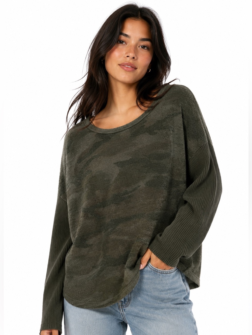 Sweet Romeo Olive Camo Rib Sleeve Top XL